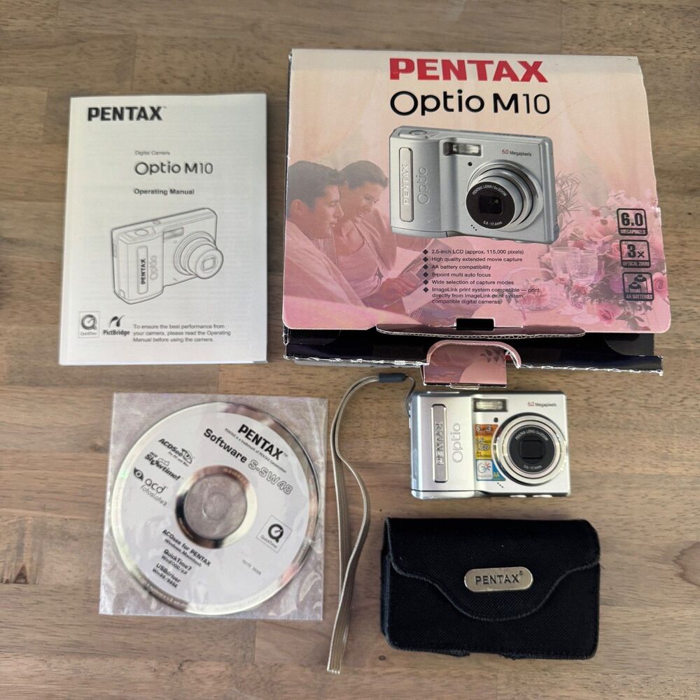 Pentax Optio M10 6MP Digital Camera Silver Vintage 3x Zoom Box Manual Case